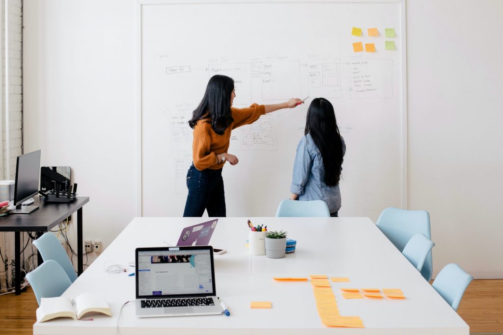 Team member presenting ideas on a whiteboard
